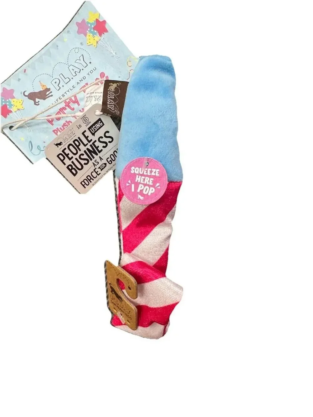 (RGB3) P.L.A.Y. Party Time Plush Dog Toy Squeaky Party Popper Confetti NWT